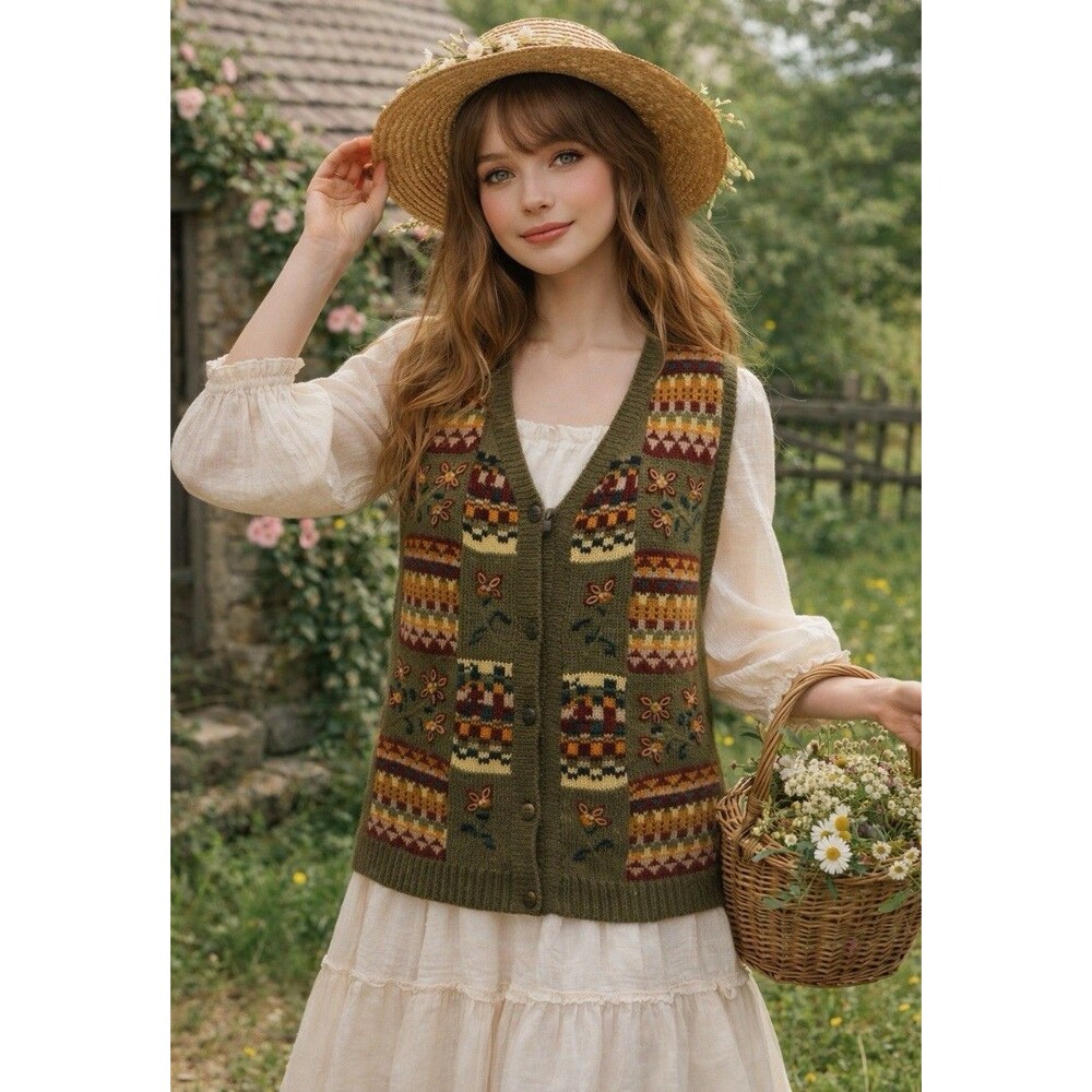 Country Classics Koret Womens Vest Green Embroidered Zip Cottage Grandma Floral